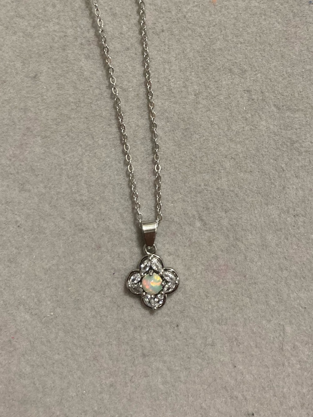 Silver Opal Flower Pendant Necklace - White Opal